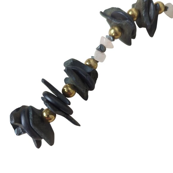 Vintage Harlequin Face Ceramic Pendant Necklace Pink and black stone & wood‎ 25" - Picture 10 of 16